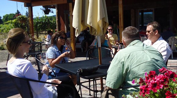 Two local couples tour the Gorge area wineries together.  Heather, Jeannie, Jason and Brian.